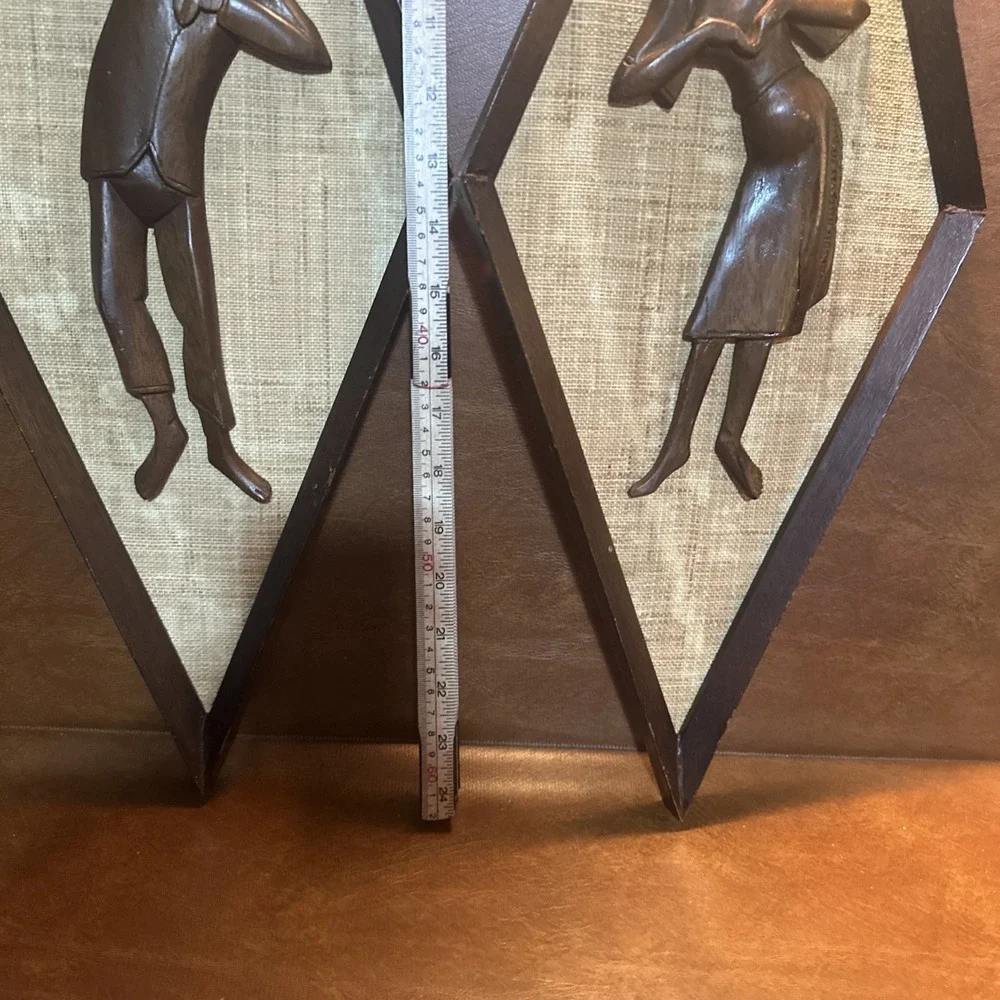 Vintage Mid Century Style Carved Wall Art Burlap Teak Wood 24
